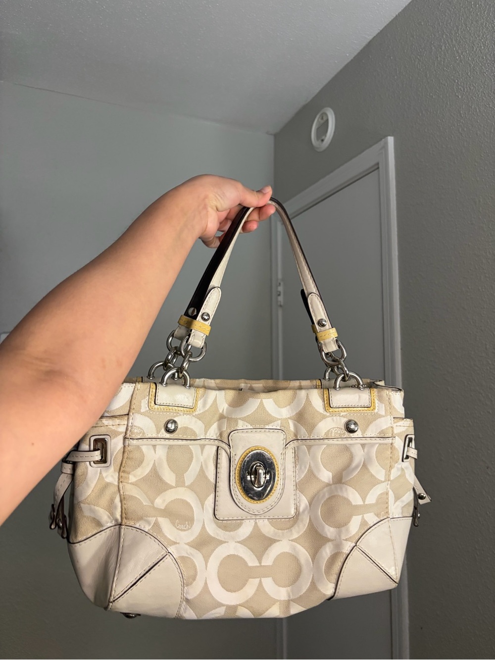 Coach Peyton Beige Signature Canvas Turnlock Shoulder Bag with Yellow Trim